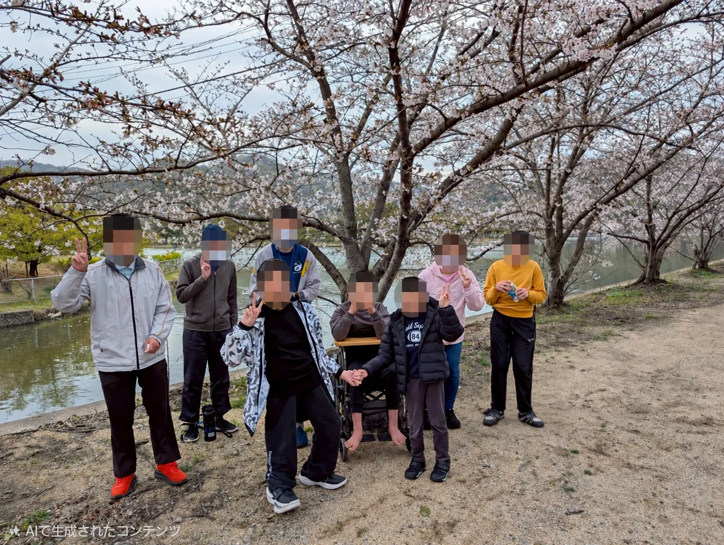 桜の木の下でお花見を楽しむかざぐるまの皆さん